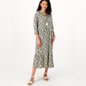 NWOT Denim & Co Naturals Floral Midi Dress, Women’s Size Small, QVC Olive Linen